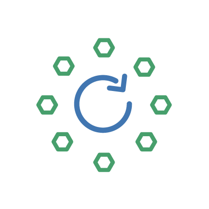 Icon für "alles aus einer Hand". Grafik eines blauen Pfeils mit grünen Sechsecke drum herum.