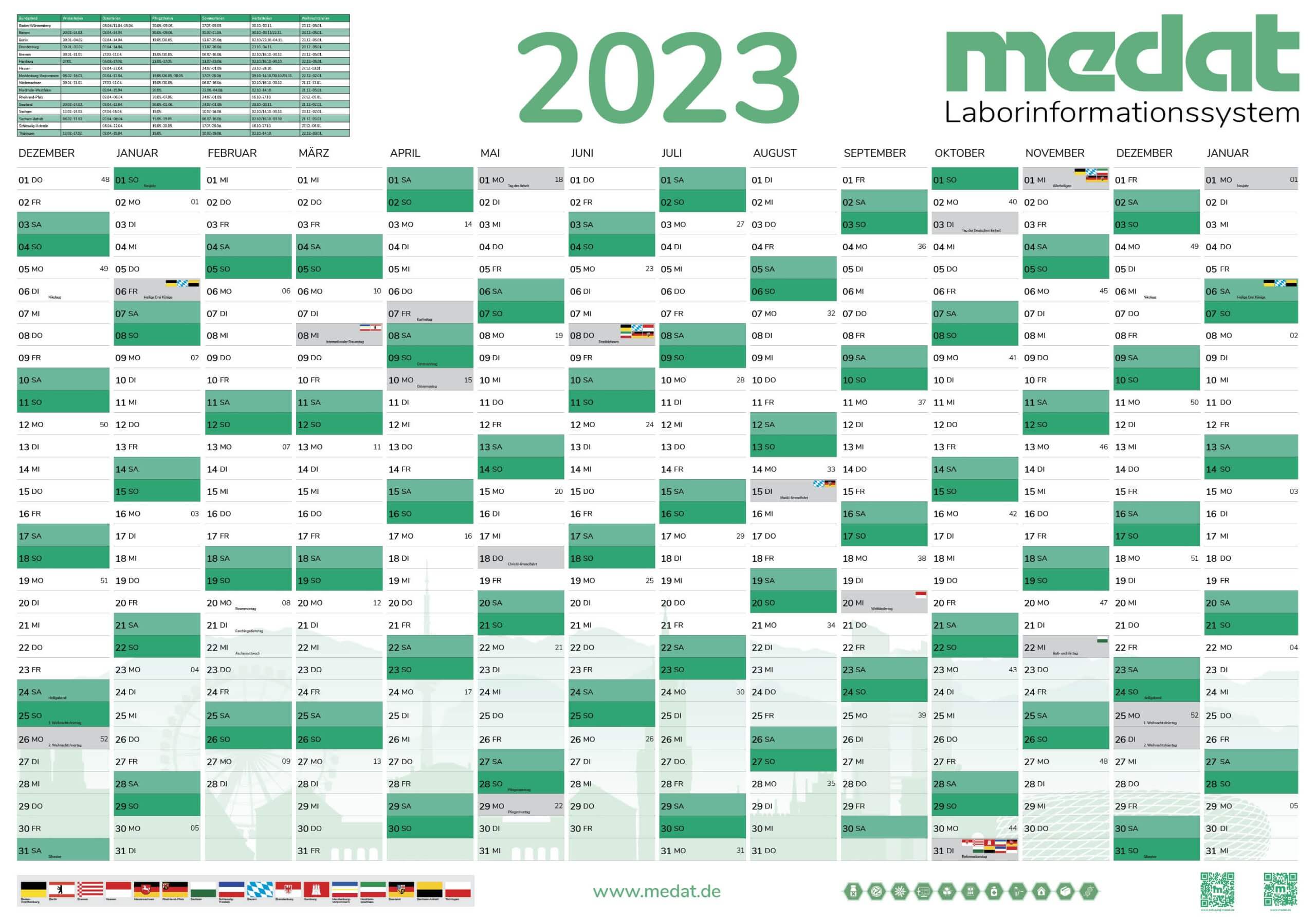 Die Vorderseite des Medat- Wandkalender 2023, die Feiertage und Wochenenden sind in drei verschiedenen Grüntönen gefärbt. Im Kopf des Wandkalender befindet sich das Jahr, eine Tabelle mit den Ferien und die Wortmarke von "Medat Laborinformationssystem".